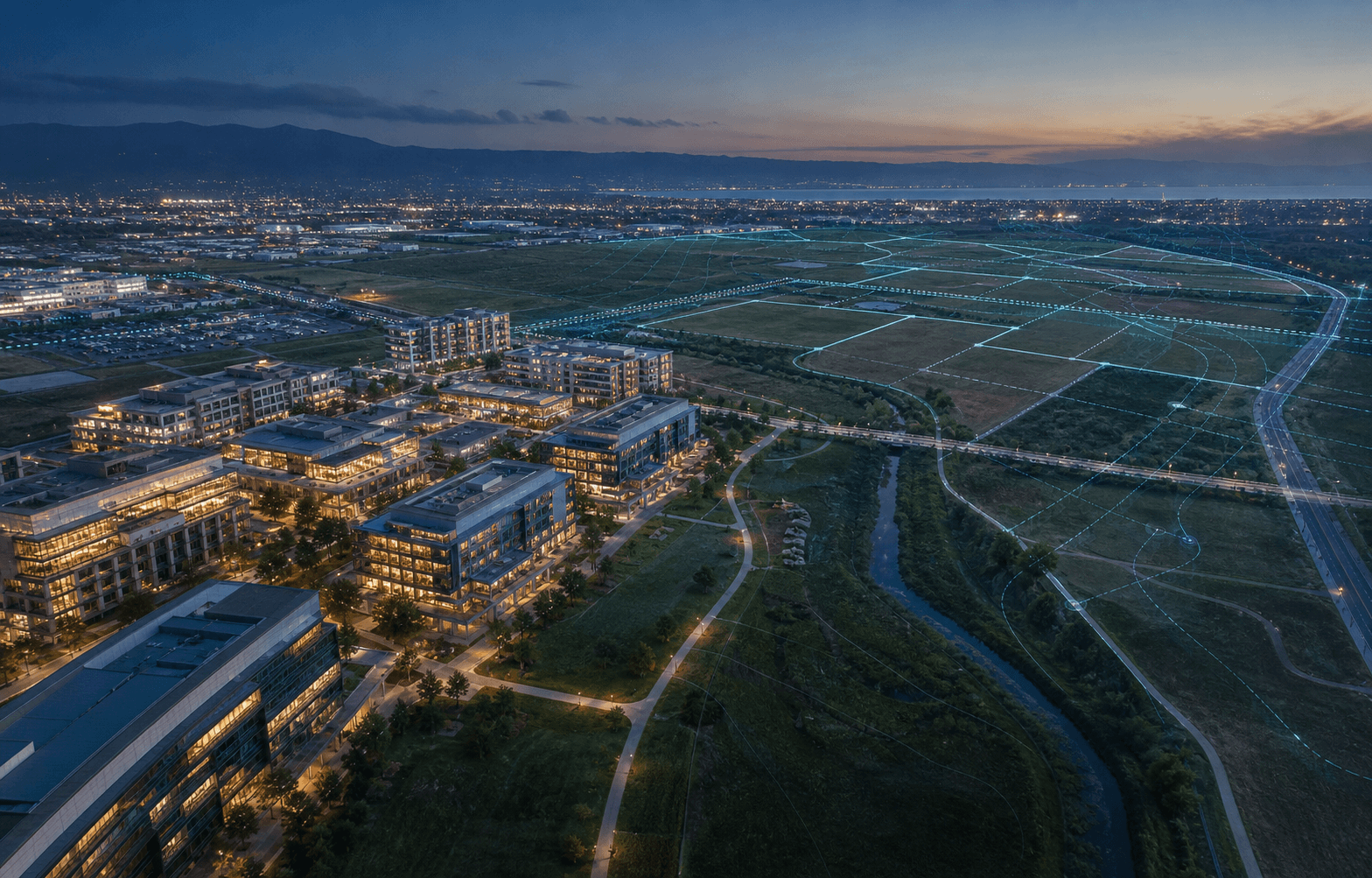 Real estate development and land parcels with geospatial planning overlays